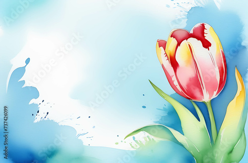 Banner with place for text tulips on a soft blue background