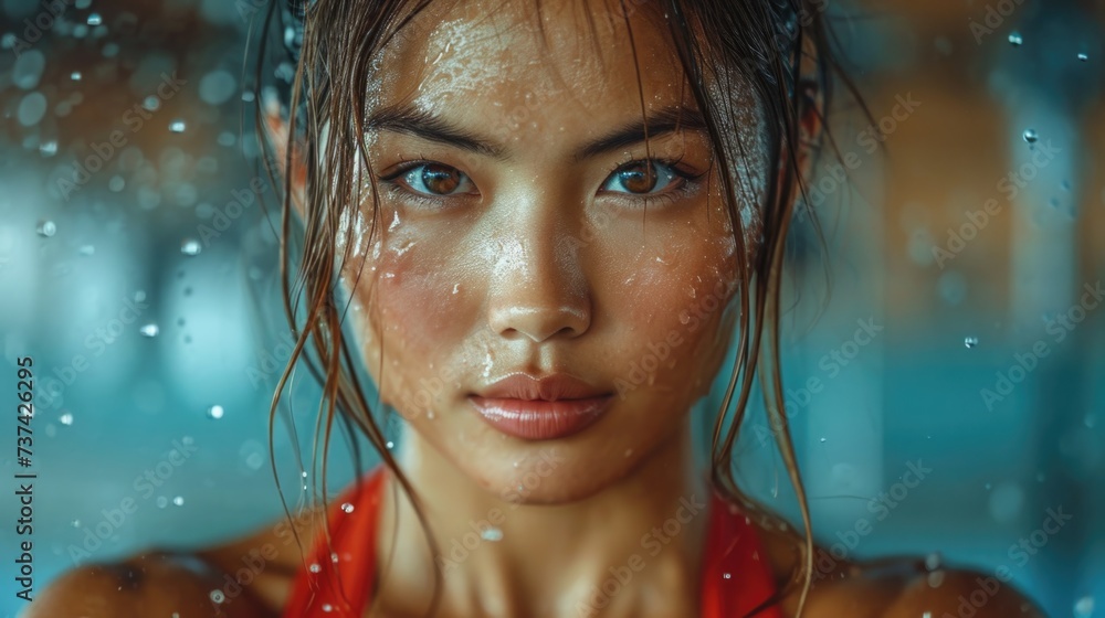 Asian Woman With Wet Hair and Blue Eyes Standing in the Rain. Generative AI.