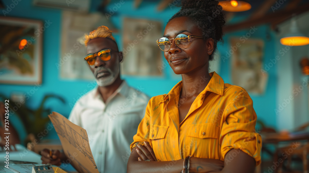 Fototapeta premium maldivian people , looking a drawing of a building put on the meeting room desk,