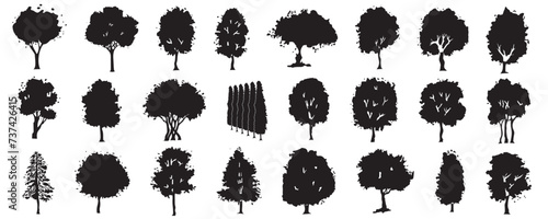 Tree silhouettes mega set in cartoon graphic design. Bundle elements of black outline oaks, maples, pines and other simple trees shapes for landscaping forest. Vector illustration isolated objects