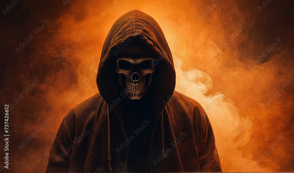 Mysterious hooded figure with a skull face surrounded by orange smoke on a dark background, concept of horror and fantasy