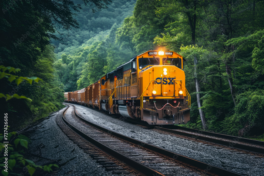 Obraz premium train with a yellow color and a locomotive shape and a freight overlay on the front