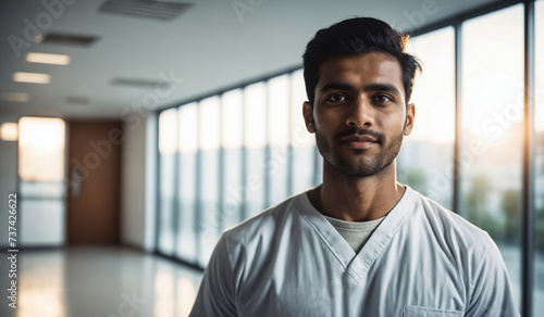 Confident Young Indian Male Doctor or Nurse in Clinic Outfit Standing in Modern White Hospital, Looking at Camera, Professional Medical Portrait, Copy Space, Design Template, Healthcare Concept photo