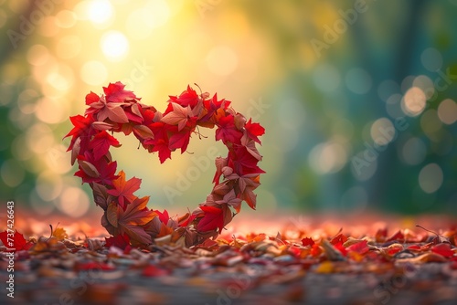 A heart made of red autumn leaves, set against a blurred background of a forest floor covered in fallen leaves.