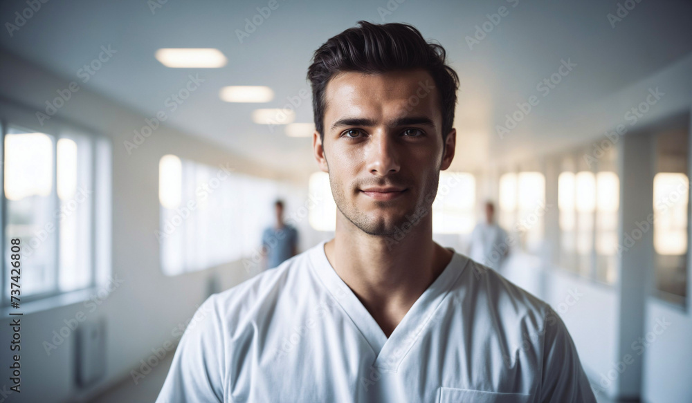 Confident Young Swiss Male Doctor or Nurse in Clinic Outfit Standing in Modern White Hospital, Looking at Camera - Professional Medical Portrait, Copy Space, Design Template, Healthcare Concept Confident Young Swiss Male Doctor or Nurse in Clinic Outfit Standing in Modern White Hospital, Looking at Camera - Professional Medical Portrait, Copy Space, Design Template, Healthcare Concept