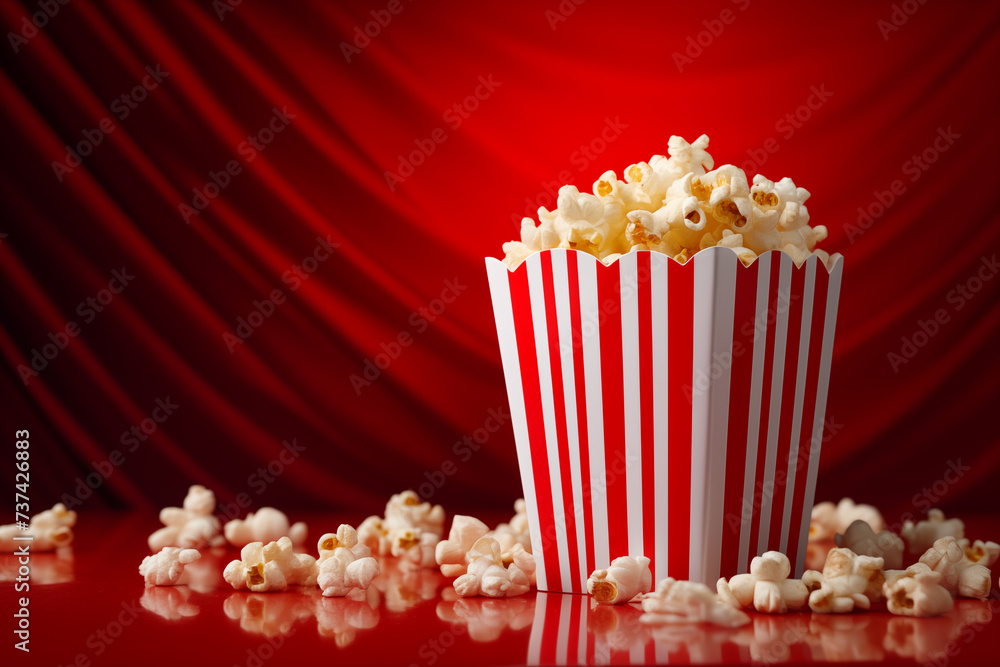 In cinema red background, tasty homemade popcorn is displayed in striped bucket cup AI Generation In cinema red background, tasty homemade popcorn is displayed in striped bucket cup AI Generation