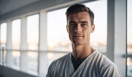 Confident Young Dutch Male Doctor or Nurse in Clinic Outfit Standing in Modern White Hospital, Looking at Camera, Professional Medical Portrait, Copy Space, Design Template, Healthcare Concept