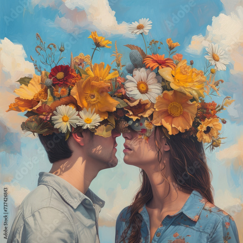 A Young couple sharing a kiss adorned with a crown of flowers in front of a cloudy sky.