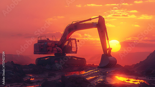 Excavator in open pit mining Excavator on earthmoving on sunset Loader on excavation Earth Moving Heavy Equipment Earth mover ar construction site Backhoe Loader on Road construction. Creative Banner