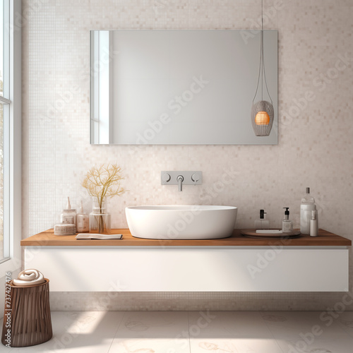 Interior of a light bathroom with a faucet and a white washbasin, minimalism, classic © Svetlana Zibrova