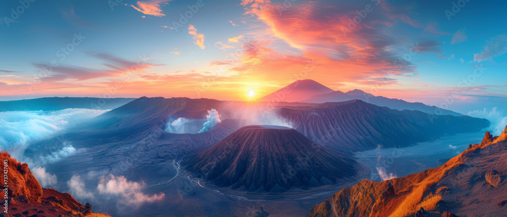 Panorama of Sunrise at volcano Bromo, Java island, Indonesia. Panoramic aerial view,generative ai - obrazy, fototapety, plakaty 