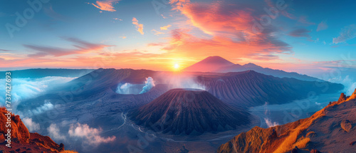 Panorama of Sunrise at volcano Bromo, Java island, Indonesia. Panoramic aerial view,generative ai photo