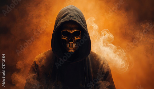 Mysterious hooded figure with a skull face surrounded by orange smoke on a dark background, concept of horror and fantasy