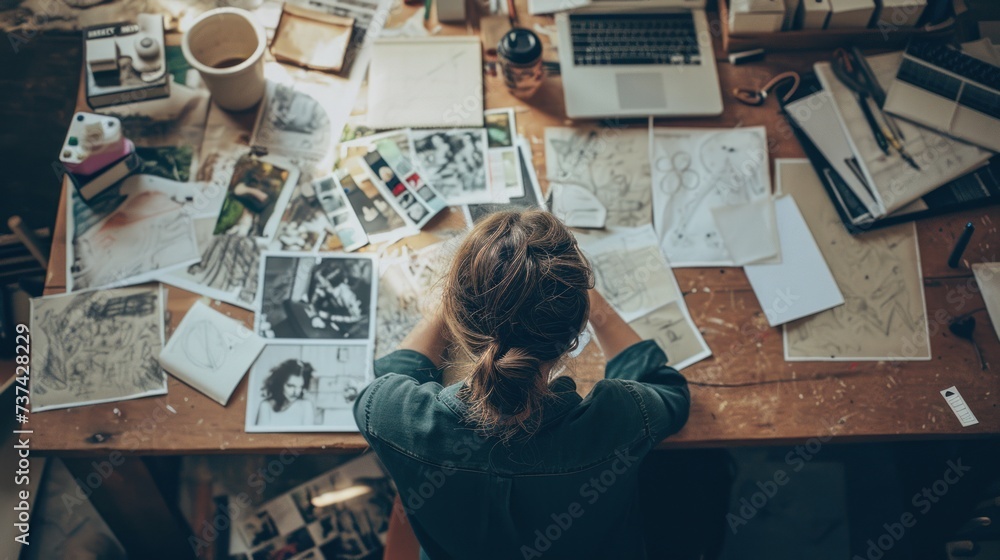 A woman sits at a desk with various sketches and a laptop. - obrazy, fototapety, plakaty 