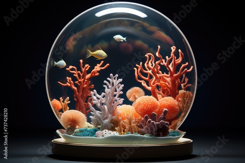 Realistic 3D Coral Reef Displayed in a Circular Glass Ball, Rendered in the Style of Otherworldly, Linear, and Multi-Layered Illustrations photo