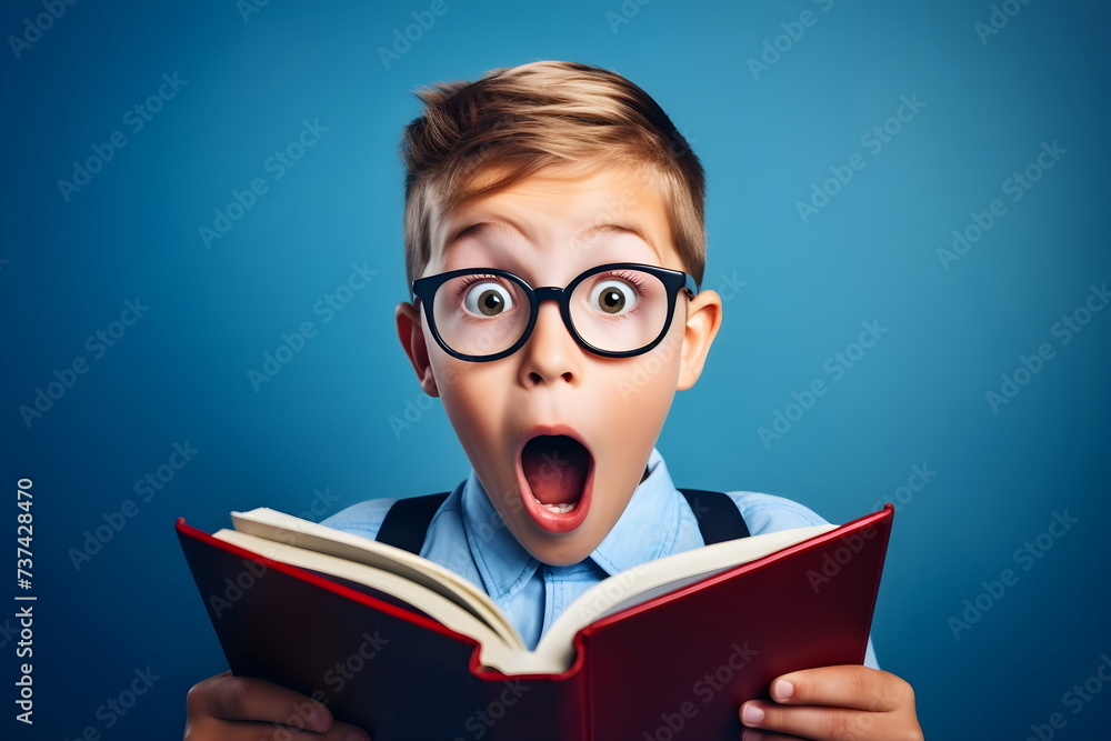 surprised child boy reading a book isolated on blue surprised child boy reading a book isolated on blue
