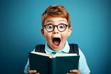 surprised child boy reading a book isolated on blue