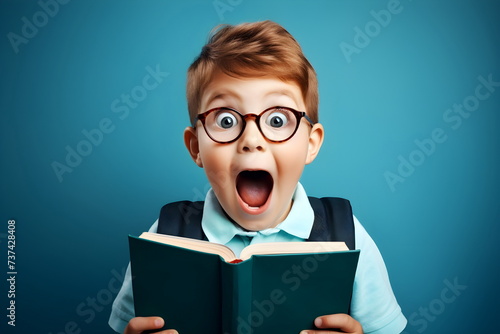 surprised child boy reading a book isolated on blue