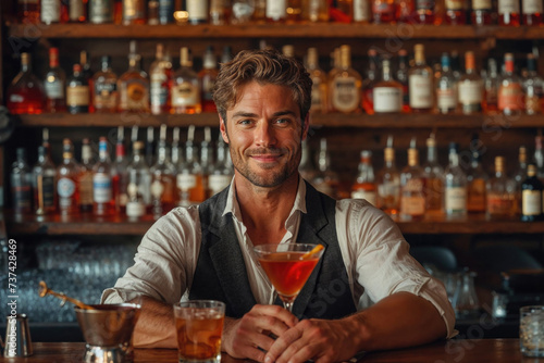 Confident bartender serving cocktails at upscale bar Generative AI image photo
