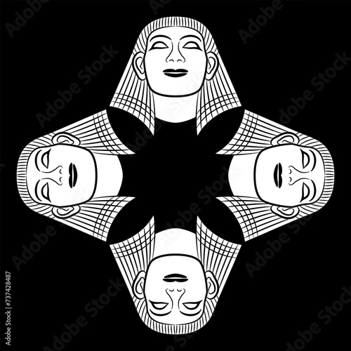 Square rhombus shape geometrical ethnic mandala with four heads of ancient Egyptian man or pharaoh wearing nemes hat. Black and white silhouette.