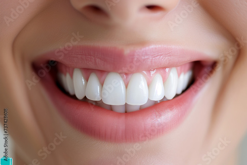 Close-up of a bright smile with healthy white teeth Generative AI image photo