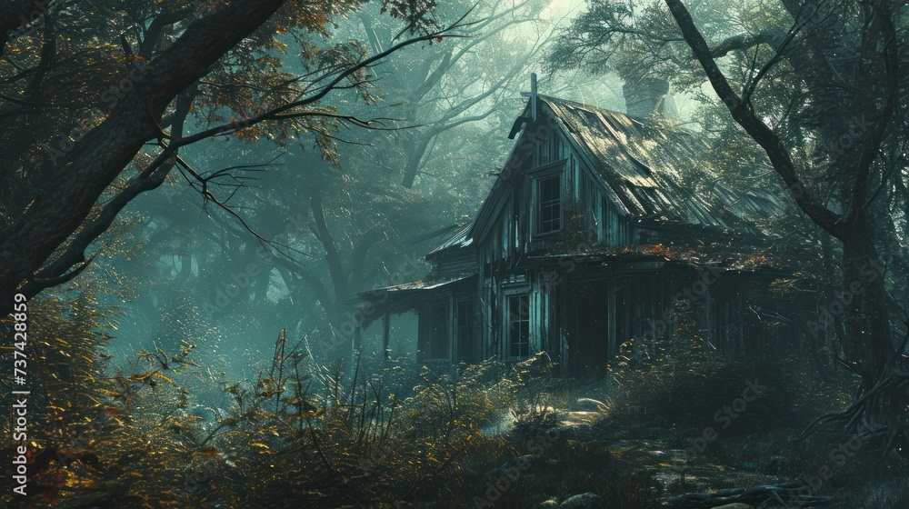 A dilapidated house is nestled in a dense forest, with fog surrounding the area. The house has a broken roof and appears to be old and abandoned. - obrazy, fototapety, plakaty 