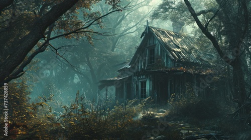 A dilapidated house is nestled in a dense forest, with fog surrounding the area. The house has a broken roof and appears to be old and abandoned. photo