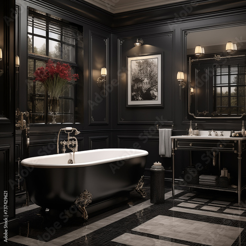 Luxury bathroom interior in dark shades  bathtub  mirror  washbasin
