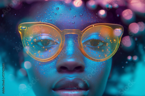 Close-up portrait of person with colorful glasses and water droplets Generative AI image photo