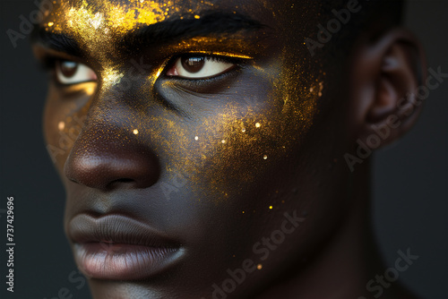 Portrait of man with golden glitter makeup Generative AI image