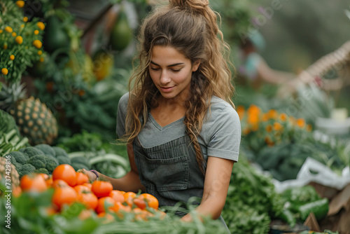 Young woman selecting fresh produce at a farmers market Generative AI image photo
