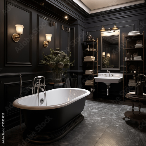 Luxury bathroom interior in dark shades  bathtub  mirror  washbasin