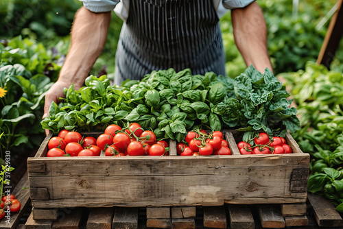 Fresh harvest of tomatoes and basil in farmer's hands Generative AI image photo