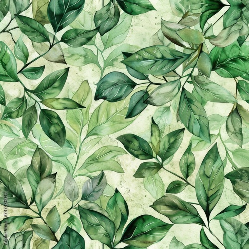 watercolor seamless pattern with lush green leaves on a delicately hand-drawn background.