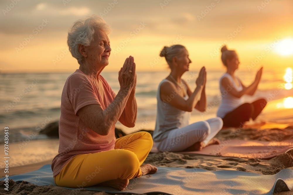 Fototapeta premium Elderly people doing yoga on the beach, on the seashore