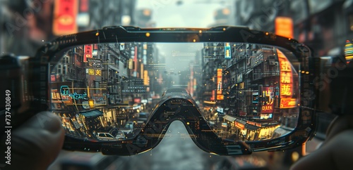 Hands holding up advanced augmented reality glasses with a high-tech data interface imposed on an urban street scene.