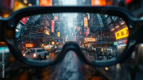 A first-person perspective through smart glasses showing augmented reality enhancements in a neon-lit urban setting at night.
