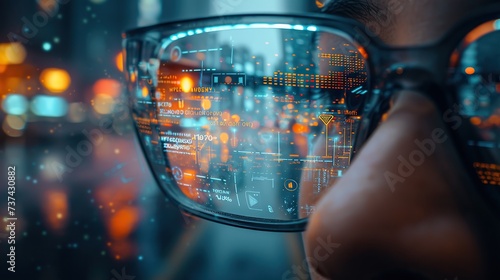 Close-up view of a person wearing smart glasses with an intricate augmented reality interface  amidst urban night lights.