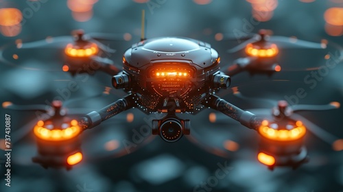Fotografia An advanced multirotor drone with glowing orange lights hovers in the air, showcasing its high-tech design in the twilight ambiance
