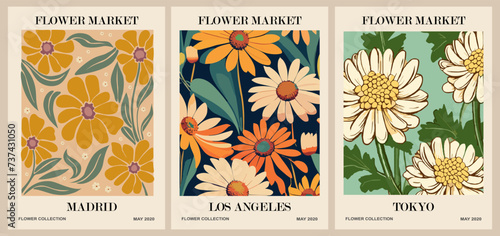 Set of abstract Flower Market posters. Trendy botanical wall arts with floral design in sage green colors. Modern naive groovy funky interior decorations, paintings. Vector art illustration.
