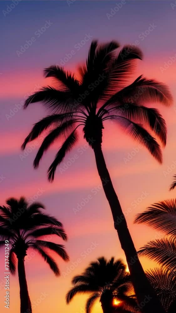 Silhouette of palm tree swaying against vibrant sky. Ideal for tropical themes, travel advertisements, or creating serene atmospheres in videos Silhouette of palm tree swaying against vibrant sky. Ideal for tropical themes, travel advertisements, or creating serene atmospheres in videos
