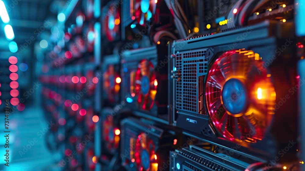 Rows of GPU mining racks with vibrant red lighting operate in a secure data center for cryptocurrency mining.