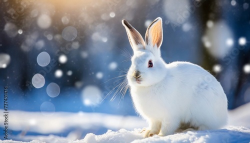 White rabbit sitting on snow, blurred winter landscape on background.