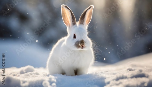 White rabbit sitting on snow, blurred winter landscape on background. © hardvicore