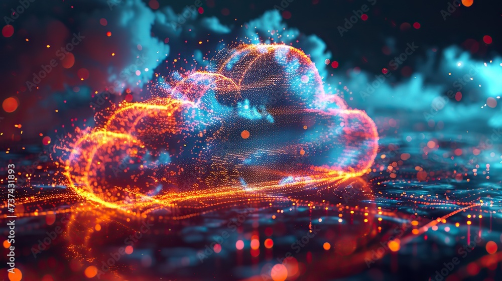 © Sodapeaw - A vibrant depiction of cloud computing, showcasing nodes and data points within a cloud formation over a glowing digital network.