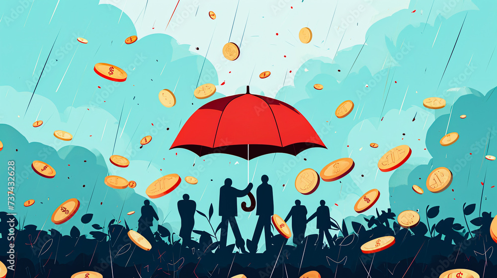 Red Umbrella Prosperity: Illustration of a Red Umbrella Shielding a Person from a Rain of Money, Symbolizing Financial Protection and Prosperity
