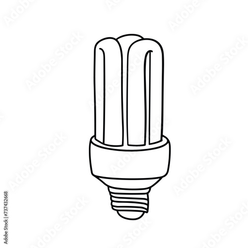 Fluorescent bulb in doodle style. Outline light bulb isolated on white background. Hand drawn vector art.