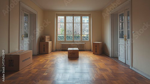 Imagen en la que se puede ver el salón de una casa unifamiliar, con grandes ventanas, sin muebles y con cajas de cartón para a mudanza