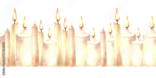 Watercolor seamless border, pattern of burning white beige wax candles with candlewick. Hand drawn illustration. Candlelight clipart for gift wrapping, cover art, wallpaper. Isolated white background