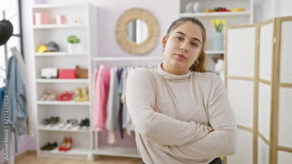 Confident young hispanic woman with arms crossed standing in a modern, bright dressing room. Confident young hispanic woman with arms crossed standing in a modern, bright dressing room.